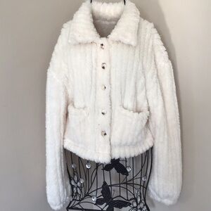 White Teddy Jacket with Plush Texture and Cropped Design